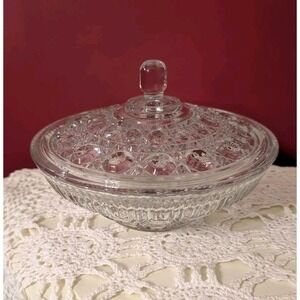 Vtg Federal Glass Clear Candy Dish With Lid Windsor Button & Cane Pattern